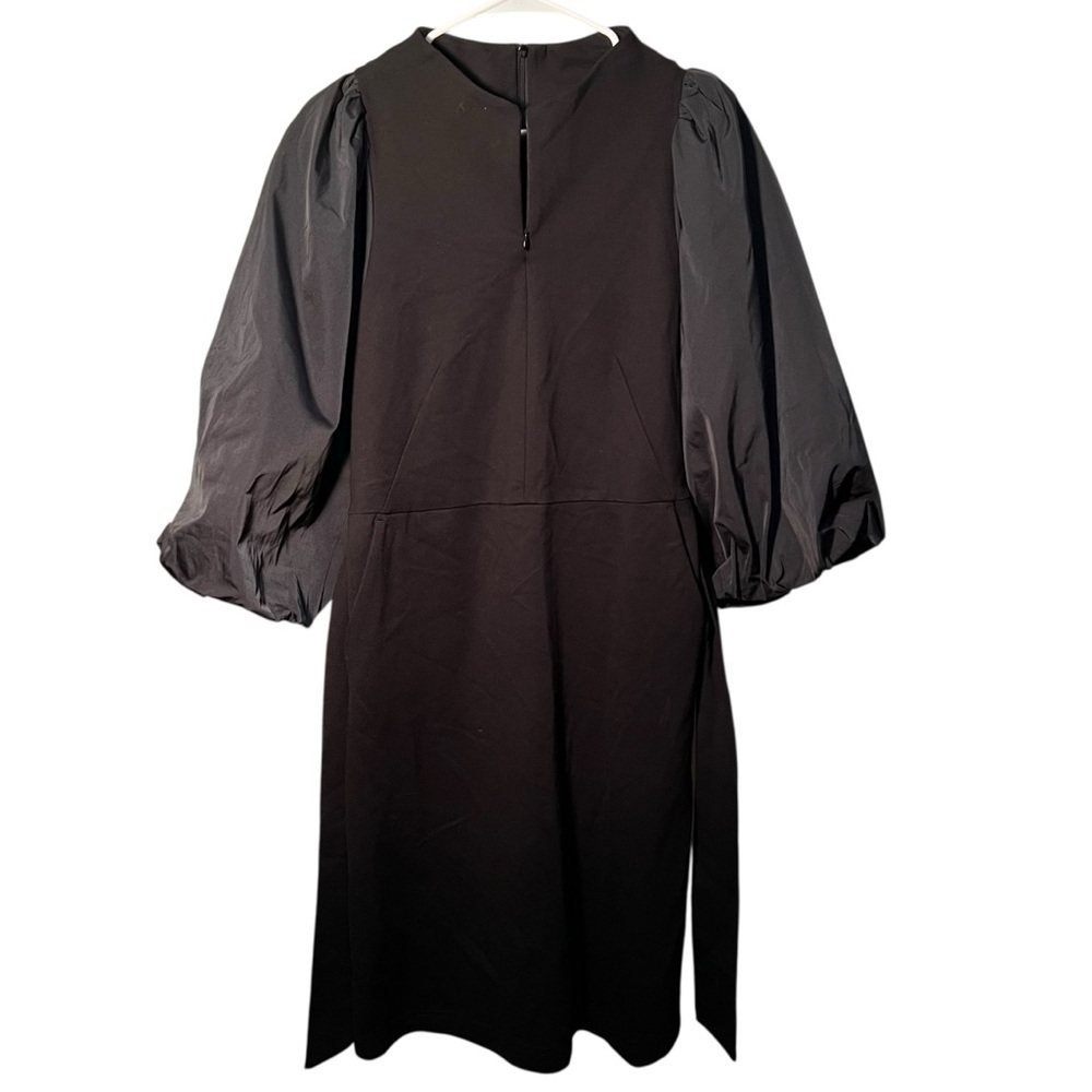 Summum Women's Sz 38 Puff Sleeve Dress Black Satin Zip Front Stretch Long Sleeve